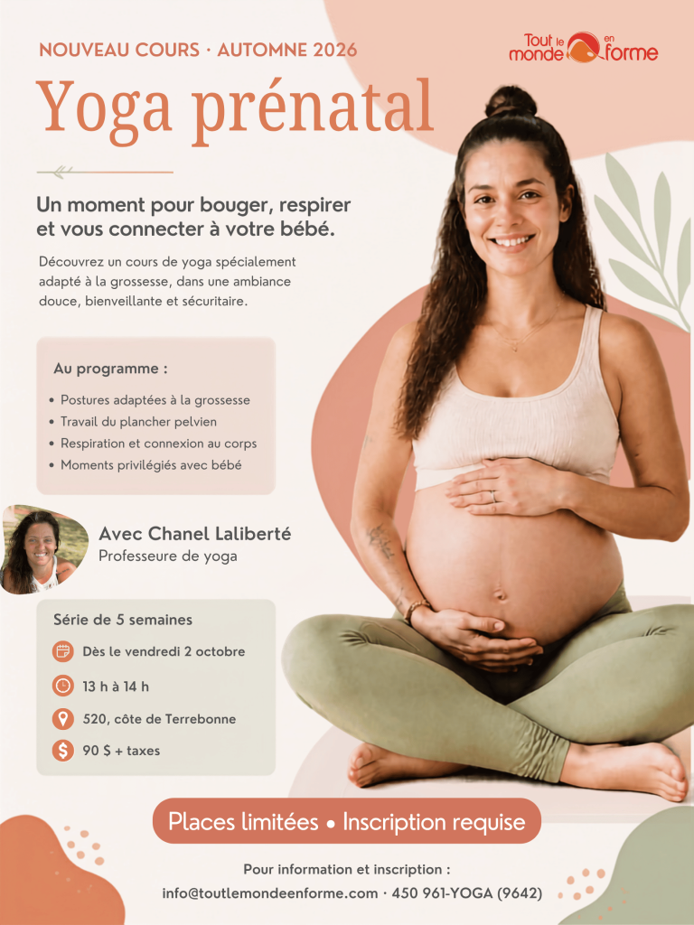 affiche cours de yoga prénatal à Mascouche avec femme enceinte